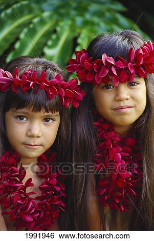 Stock Photograph - Keiki Portrait, Two Polynesian Girls With Red Plumeria Lei And Haku Lei. Fotosearch