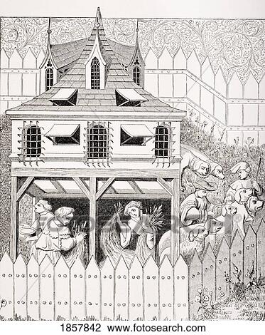 Stock Image - Kennel In Which Dogs Should Live And How They Should Be Kept. 19Th Century Reproduction Of 15Th Century Miniature In The Manuscript Of Phoebus. Fotosearch