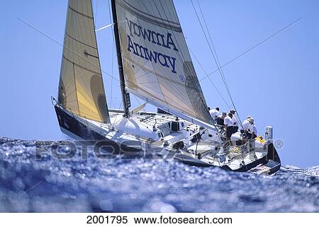 Stock Photography - Kenwood Cup, Side View From Distance Of Amway Yacht Tacking, Blue Sky. Fotosearch