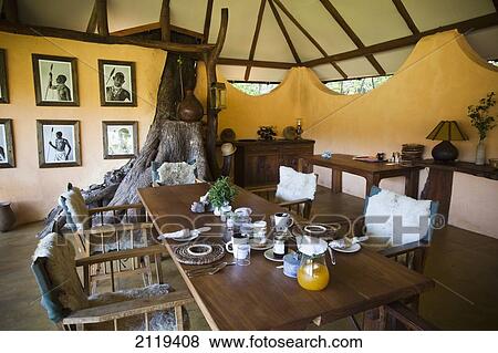 Stock Photo - Kenya, Dining room at Kitich camp; Mathews Mountain Range. Fotosearch