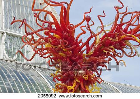 Stock Image - Kew Palm House Towers By Dale Chihuly Outside The Palm House At Royal Botanic Gardens, Kew, Surrey, England, United Kingdom. Fotosearch