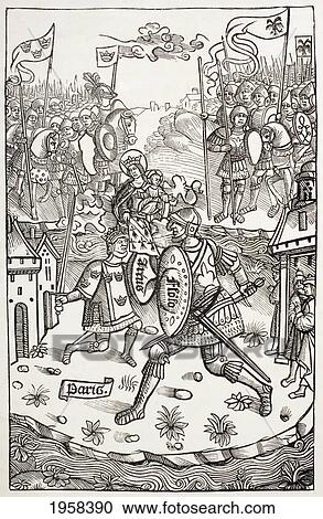 Stock Image - King Artus, Or Arthur, Protected By The Virgin, Fighting A Giant. After A Woodcut In Chroniques De Bretagne, By Alain Bouchard, Published 1514. From Military And Religious Life In The Middle Ages By Paul Lacroix Published London Circa 1880.. Fotosearch