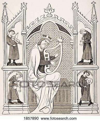 Stock Image - King David Playing On The Lyre Surrounded By Four Musicians. All Wearing Costumes Of The 13Th Century. From Miniature In A Manuscript Psalter. Fotosearch