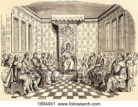 Stock Image - King Edward Vi Of England And His Council. After A Woodcut On The Title-Page Of The Statutes Of 1551. From History Of Hampton Court Palace In Tudor Times By Ernest Law. Published London 1885.. Fotosearch
