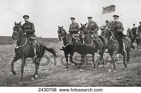Stock Photo - King George V and Lord Kitchener arriving at the parade ground near Aldershot for an inspection of Irish Soldiers. Field Marshal Horatio Herbert Kitchener, 1st Earl Kitchener, 1850. Fotosearch