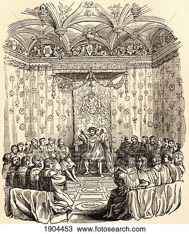 Stock Image - King Henry Viii Of England And His Council. After A Contemporary Drawing. From History Of Hampton Court Palace In Tudor Times By Ernest Law. Published London 1885.. Fotosearch