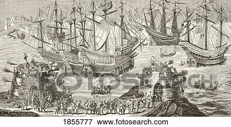 Stock Photo - King Henry Viii Of England Embarking At Dover On Way To Meet King Francis I Of France At The Field Of The Cloth Of Gold, June 1520. From The National And Domestic History Of England By William Aubrey Published London Circa 1890. Fotosearch