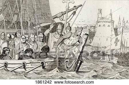 Stock Image - King Louis Ix Also Saint Louis 1214 To 1270 Leads His Troops In Battle From Histoire De France By Colart Published Circa 1840. Fotosearch