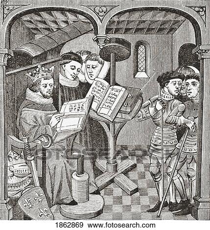 Stock Photo - King Robert, Son Of Hugh Capet, Composing Sequences And Responses In Latin. After A Miniature From The 14Th Century Manuscript Chroniques De France. From Science And Literature In The Middle Ages By Paul Lacroix Published London 1878. Fotosearch