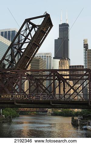 Stock Photograph - Kinzie Street Bridge Lifted Over The Chicago River; Chicago Illinois United States Of America. Fotosearch