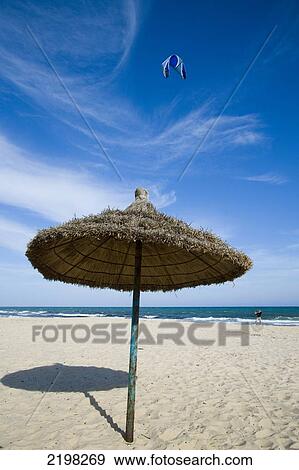 Stock Photo - Kite Surf Sale Up Above A Sun Umbrella, Hammamet, Tunisia, North Africa.. Fotosearch