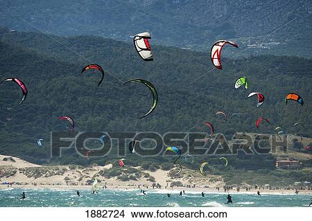 Kite Surfing On Punta Paloma Beach; Tarifa, Costa De La Luz, Andalusia, Spain View Large Photo Image Picture - Kite Surfing On Punta Paloma Beach; Tarifa, Costa De La Luz, Andalusia, Spain. Fotosearch