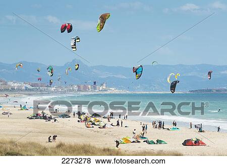 Kitesurfing along the coast; tarifa cadiz andalusia spain View Large Photo Image Stock Photo - Kitesurfing along the coast; tarifa cadiz andalusia spain. Fotosearch
