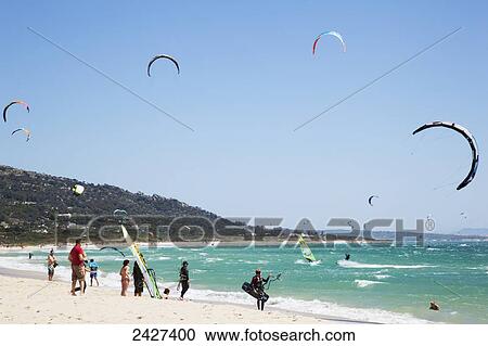 Stock Image - Kitesurfing on Punta Paloma Beach, near Tarifa; Andalucia, Spain. Fotosearch