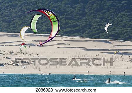 Stock Photo - Kitesurfing On Punta Paloma; Tarifa Cadiz Andalusia Spain. Fotosearch
