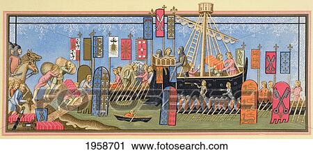 Stock Image - Knights Of The Holy Ghost Embarking For The Crusades. In The End They Never Left On Their Voyage. From Military And Religious Life In The Middle Ages By Paul Lacroix Published London Circa 1880.. Fotosearch
