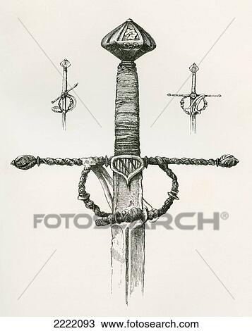 Stock Image - Knight's Sword With Double Edged Blade, Spirally Twisted Crosspiece And Forefinger And Thumb Guard, Dated A. D. 1455. From The British Army: It's Origins, Progress And Equipment, Published 1868.. Fotosearch