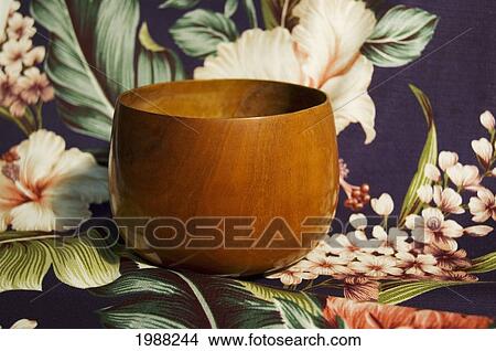 Picture - Koa Bowl (Calabash) On Hawaiian Print Bark Cloth. Fotosearch