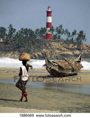 Stock Photo - Kovalam Beach With Lighthouse & Fruit Seller, Kovalam. Fotosearch