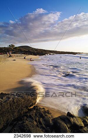 Stock Photo - Kua Bay Beach park at sunset; Big Island, Hawaii, United States of America. Fotosearch