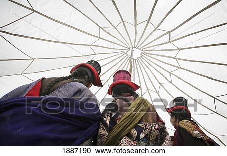 Stock Image - Ladakhi Woman In Traditional Dress And Hats Dancing Under A Traditional Tent. Fotosearch