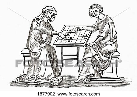 Stock Image - Lady And Youth Playing Draughts, Or Checkers, In The Early Fourteenth Century. From The Book Short History Of The English People By J. R. Green, Published London 1893. Fotosearch