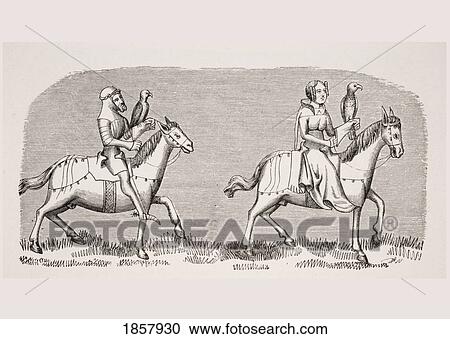 Stock Image - Lady Setting Out Hawking. 19Th Century Reproduction Of Miniature In 14Th Century Manuscript Of Livre Du Roy Modus. Fotosearch