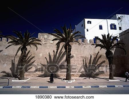 Stock Image - Lady Walking Past Date Palms And City Walls. Fotosearch