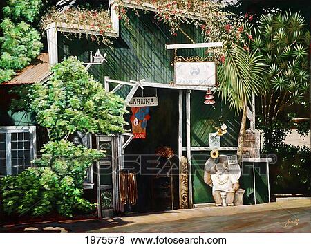 Stock Photo - Lahaina Ho'olealea - Hawaii, Maui, Lahaina Storefront (Acrylic Painting).. Fotosearch