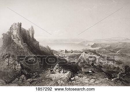 Stock Image - Lake Of Tiberius From The Castle Of Saphet, Palestine. Engraved By C. Cousen After W. H. Bartlett.. Fotosearch