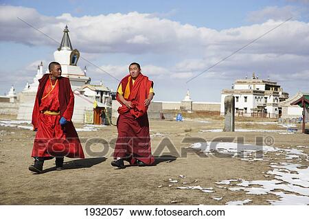 Stock Photo - Lamas Walking Through, Erdene Zuu Monastery,; Kharkhorin, Mongolia.. Fotosearch
