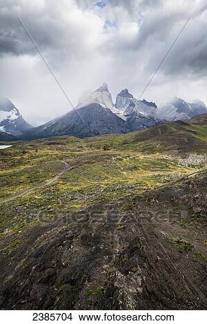 Picture - Landscape with a distant mountain range in Torres del Paine National Park; Torres del Paine, Magallanes, Chile. Fotosearch