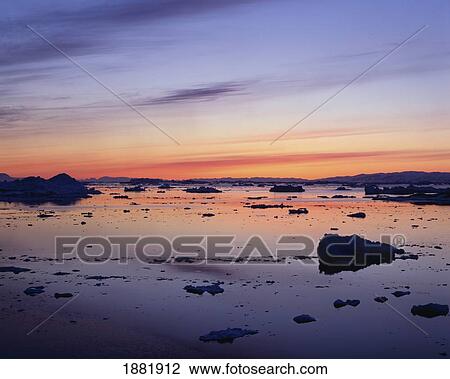 Landscapes, Sunset Over Icebergs View Large Photo Image Stock Image - Landscapes, Sunset Over Icebergs. Fotosearch