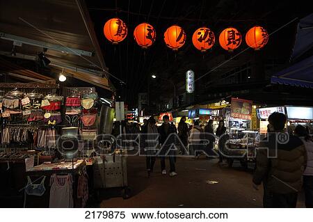 Stock Photography - Lanterns and stalls at night market Taiwan. Fotosearch