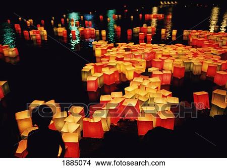 Picture - Lanterns With Candles Place On Motoyasu River, Peace Park. Fotosearch