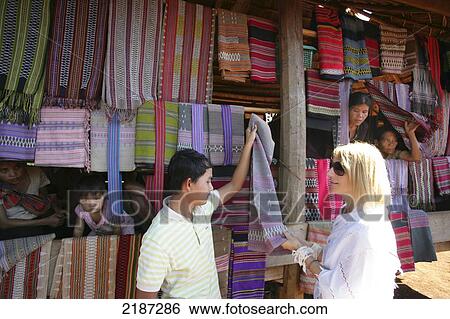 Laos, Champasak Province Bolaven Plateau Hill Tribe Fabrics Tourist Stall View Large Photo Image Stock Photograph - Laos, Champasak Province Bolaven Plateau Hill Tribe Fabrics Tourist Stall. Fotosearch