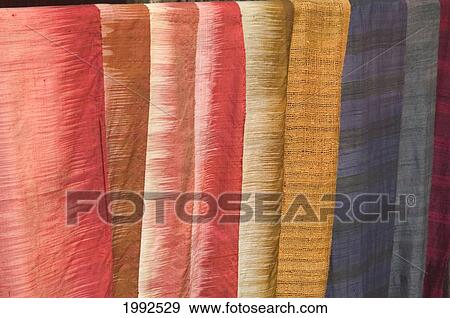 Stock Photo - Laos, Vang Vien, Close-Up Of Bolts Of Silk At A Souvenir Shop.. Fotosearch