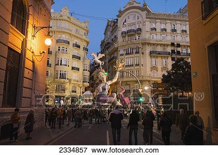 Stock Photo - Large Falla At Dusk On Display On Street In Centre; Valencia, Spain. Fotosearch