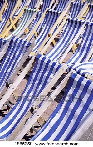 Stock Photo - Large Group Of Blue And White Striped Deckchairs, Close Up. Fotosearch