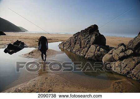 Stock Photo - Large Rock Pool On The Beach Surrounded By Rocks In Putsborough Sands, North Devon, Uk. Fotosearch