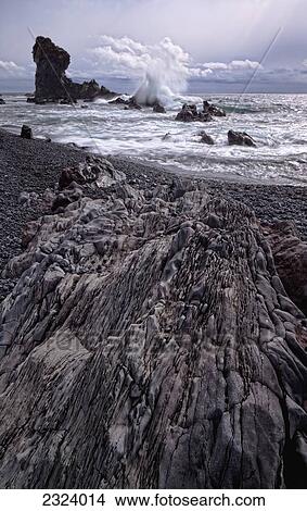 Picture - Large wave hitting the rocks at Djupalonssandur beach, Snaefellsnes Peninsula; Iceland. Fotosearch
