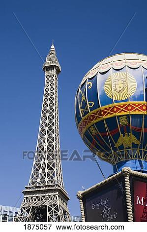 Stock Photo - Las Vegas, Nevada, United States Of America; Eiffel Tower And A Colorful Air Balloon Sign. Fotosearch