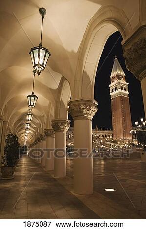 Las Vegas, Nevada, United States Of America; San Marco's Tower And An Arched Walkway Illuminated At Night View Large Photo Image Stock Photo - Las Vegas, Nevada, United States Of America; San Marco's Tower And An Arched Walkway Illuminated At Night. Fotosearch