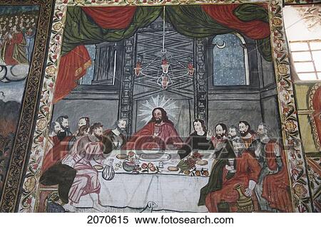 Stock Photography - Last Supper Illustrated By 17Th Century Baroque-Mestizo Frescos In The Nave Of Santiago De Curahuara De Carangas Church, The Sistine Chapel Of The Andes, Curahuara De Carangas, Oruro, Bolivia. Fotosearch