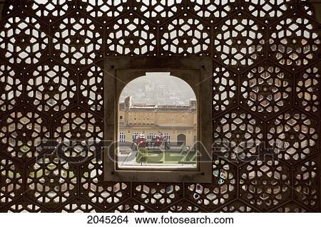 Picture - Latticed Marble Window At The Ganesh Pole Gate, Amber Fort, Rajasthan, India. Fotosearch