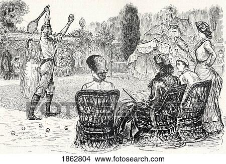 Picture - Lawn Tennis In 1883 Engraved From The Original Drawing In Punch Magazine From The Book The Century Illustrated Monthly Magazine May To October 1883. Fotosearch