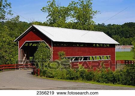 Stock Photo - Le Pont Rouge, A Red Covered Bridge, Original Construction 1887; Coaticook, Quebec, Canada. Fotosearch