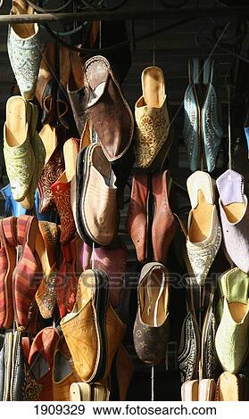 Leather Slippers For Sale In Souk, Marrakech (Marrakesh), Morocco View Large Photo Image Stock Photo - Leather Slippers For Sale In Souk, Marrakech (Marrakesh), Morocco. Fotosearch