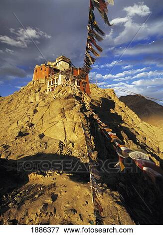 Leh Monastery And Prayer Flags At Dusk View Large Photo Image Stock Photo - Leh Monastery And Prayer Flags At Dusk. Fotosearch