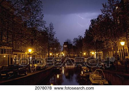 Stock Photo - Leliegracht During A Thunderstorm At Night, Amsterdam, Netherlands. Fotosearch